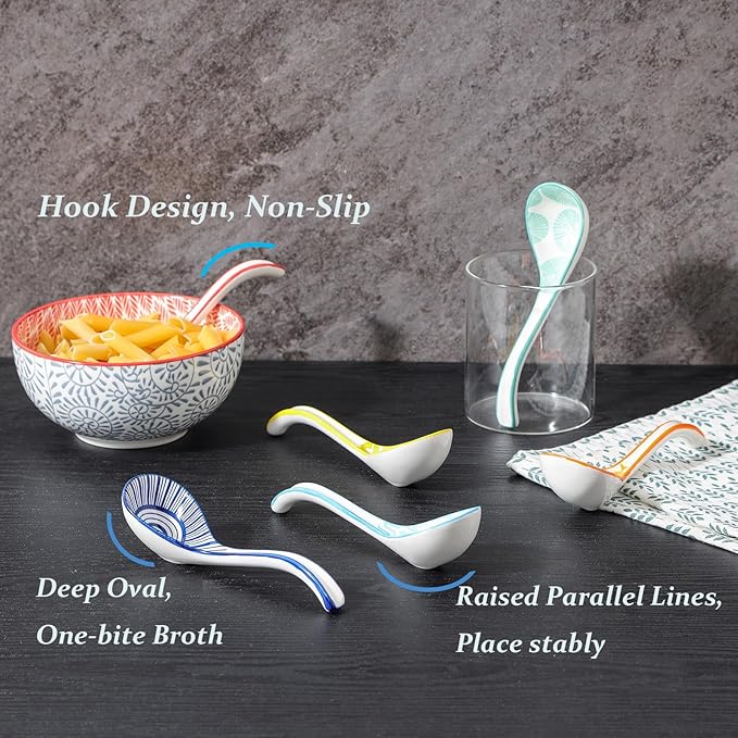 Selamica Asian Ceramic Soup Spoon Set of 6, 6.3 Inch Ramen Spoons, Japanese and Chinese Styles, Assorted Colors