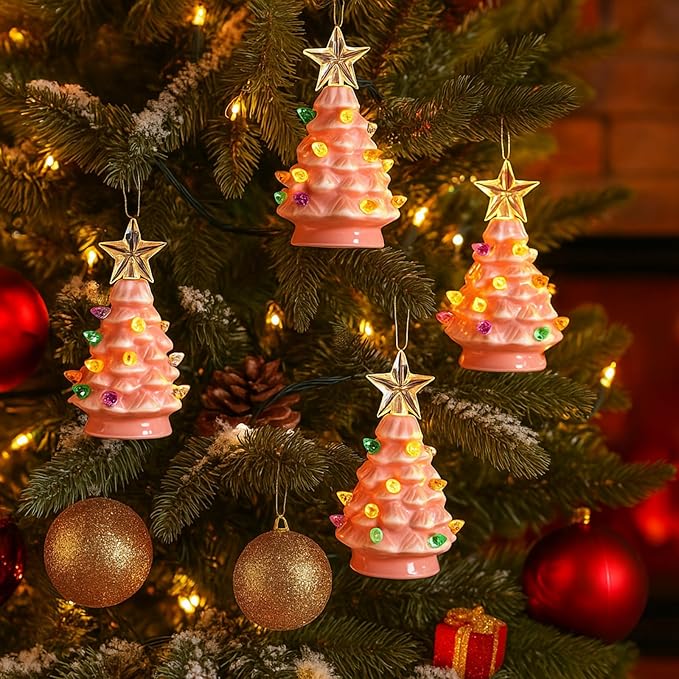Leinuosen 6 Set Mini 4 Inch Ceramic Christmas Tree with Multicolored Lights Xmas Tree Hanging Light up Ornaments Pre Lit Hand Painted for Tabletop Home Office Table Holiday Decorations(Pink,Star)