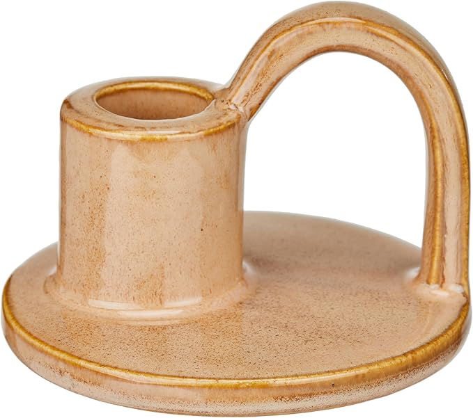 Ceramic Taper Candle Holders with Handle (Set of 2) – Tall Candlestick Holders for Table Decor Centerpieces, Rustic Home Décor, and Dinner Table Styling Tan