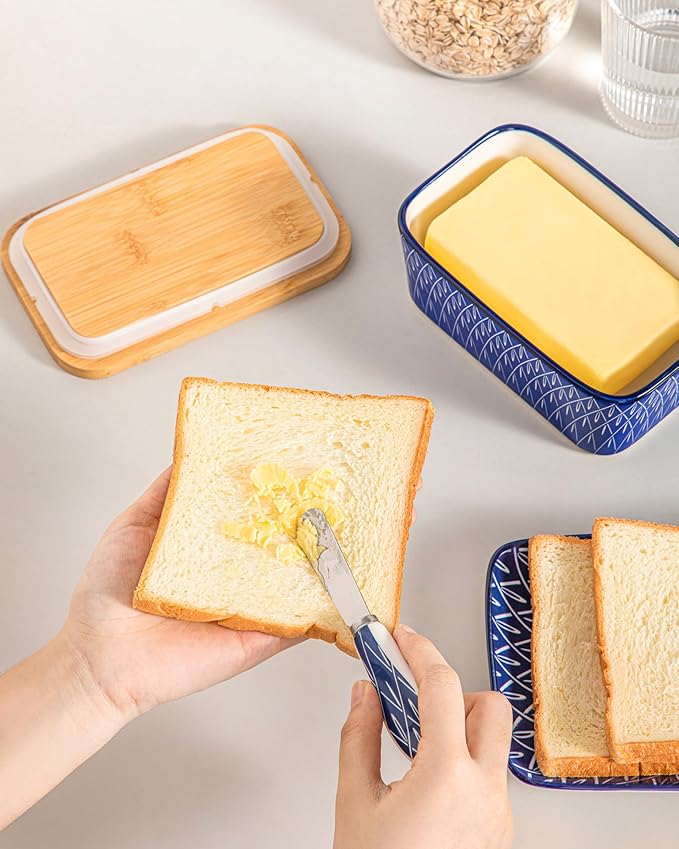 vancasso SELENE Butter Dish with Lid, 6.5" Large Butter Dish for Countertop, Ceramic Butter Keeper Container with Knife and Bamboo Lid, Geometric Weave Pattern