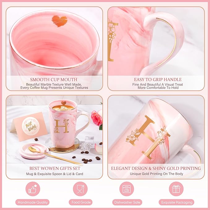 Personalized Ceramic Coffee Mug Gifts for Women, 14 Oz Pink Initial Customized Gift Coffee Mug with Lid, Birthday Christmas Mother's Day Gifts for Her Wife Mom Grandma Friend Sister Unique,H