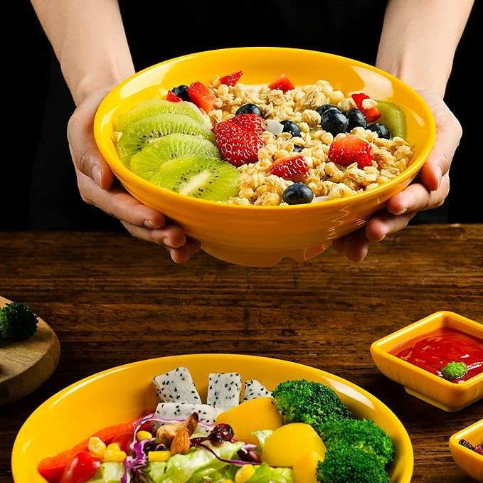 Unbreakable Ramen Bowl Set with Chopsticks and Spoon: 2 large Japanese Style Melamine Ramen Bowls, Dipping Bowls and Chopstick Stands for Asian Pho Soup Thai Miso Udon Wonton (2 Bowl Set, Yellow)