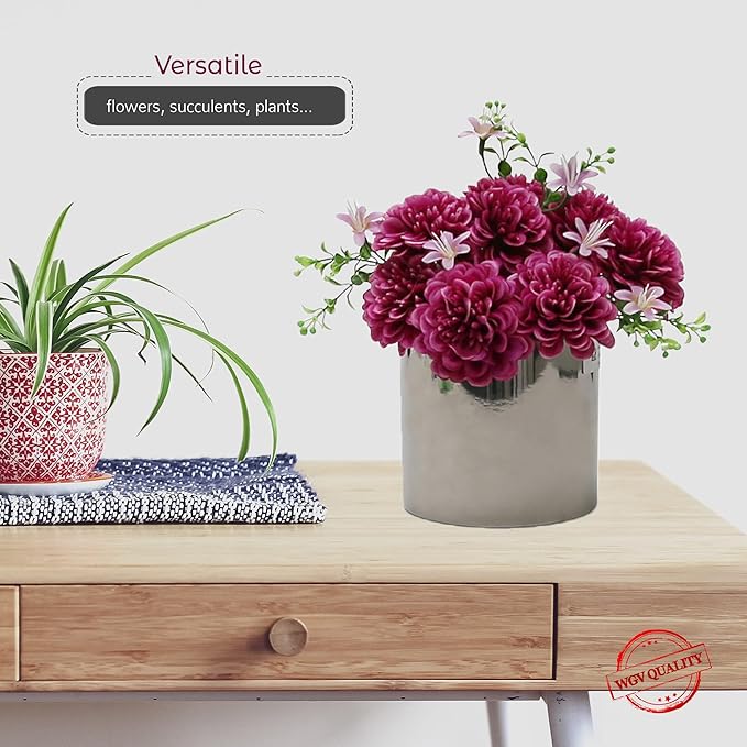 WGVI Silver Ceramic Cylinder Vase Width 6.5" Height 6", Flower Arrangements, Candle Holder, Terrarium Planter Pot, Storage Container Organizer, Pen Brush Holder, Smooth Silver Tabletop Decor, 1 Pc