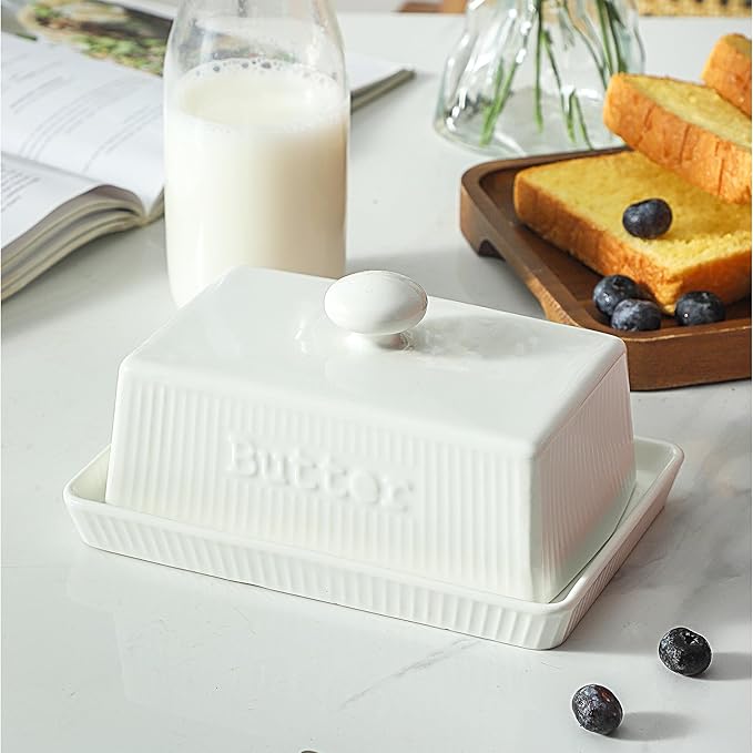 Large Butter Dish with Lid, 8oz Ceramic Butter Holder with Knob Handle, Striped Butter Keeper, Porcelain Butter Tray Butter Container for East & West Coast Butter, Farmhouse Kitchen Decor, White