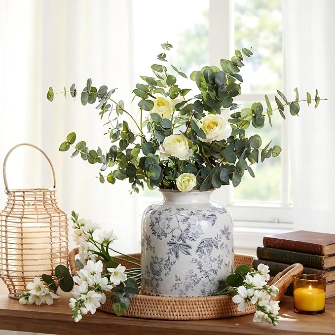 Gray Peach Blossom Chinoiserie Vase, 6.2” Crackle Glaze Ceramic Vase, Hand-Painted Vintage Floral Vase with Distressed Rim, Antique Style Decor for Bookshelf, Tabletop (Gray, 6.2”)