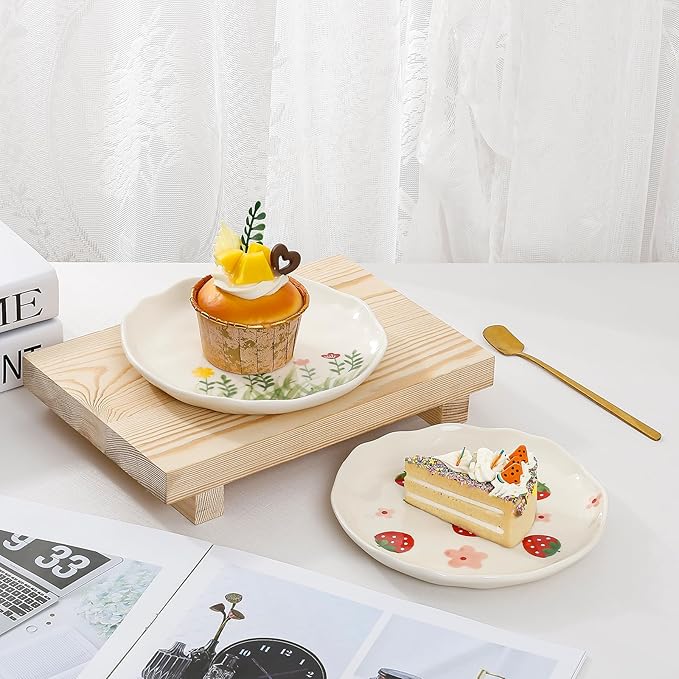 Koythin Ceramic Dessert Plates, Cute Fruits Dinner Plate, Printed Flowers Dinnerware for Office and Home, Kitchen Plates for Desserts (Strawberry)
