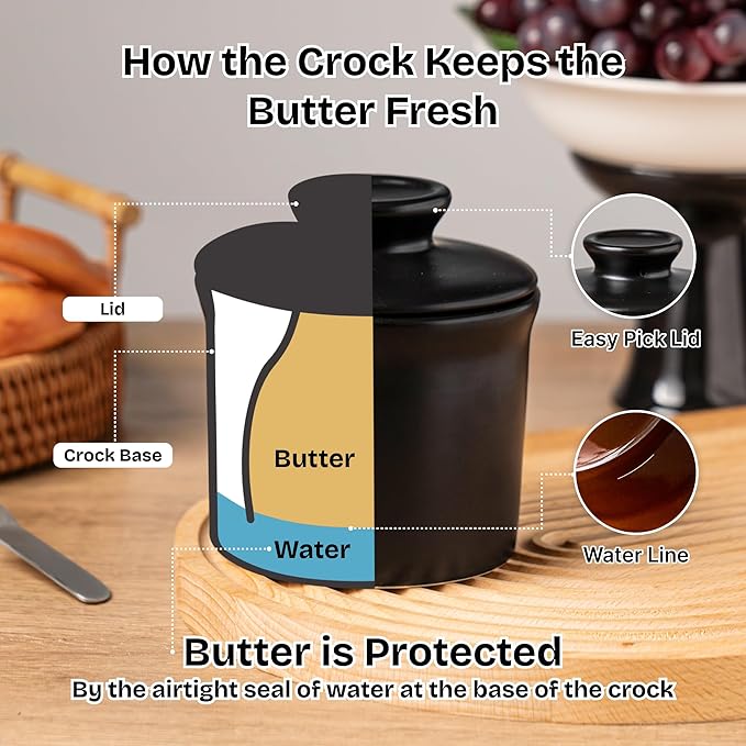 Stoneware Butter Crock with Lid, Ceramic Butter Dish with Water Line, Countertop Butter Keeper, Butter Holder for Countertop, Black