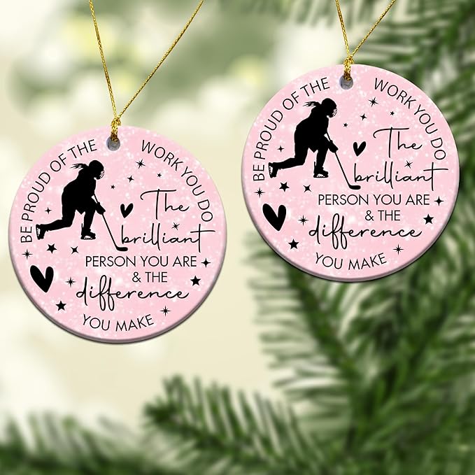 Ice Hockey Christmas Ornament -Round Ceramic 3", Holiday Tree Decoration Keepsake, Hockey Player Christmas Gifts for Girls