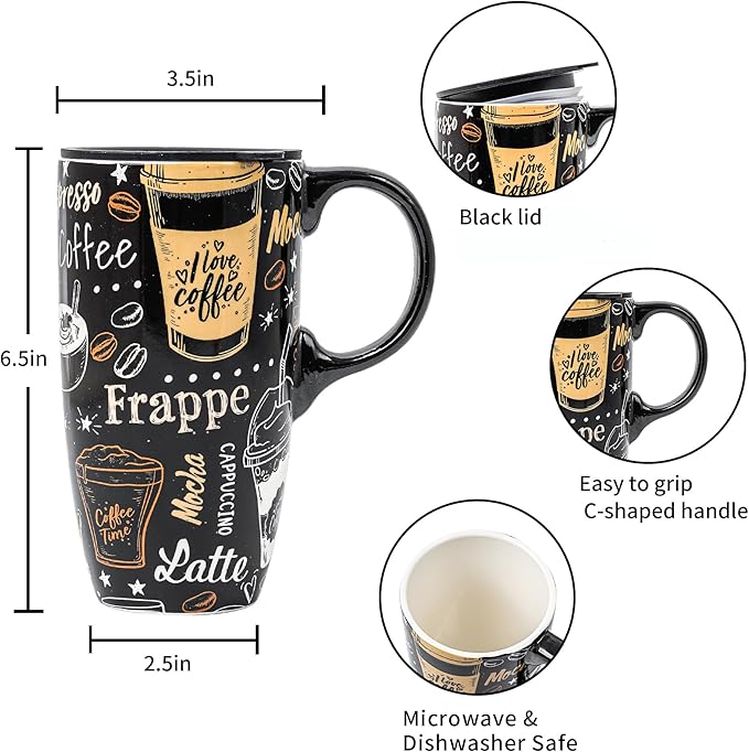 DUSVALLY Ceramic Coffee Mug, Travel Tea Mug for Car Cup Holder, Tall Tea Cup with Handle for Office and Home, Unique Gifts for Women and Man, 17 oz, Frappe