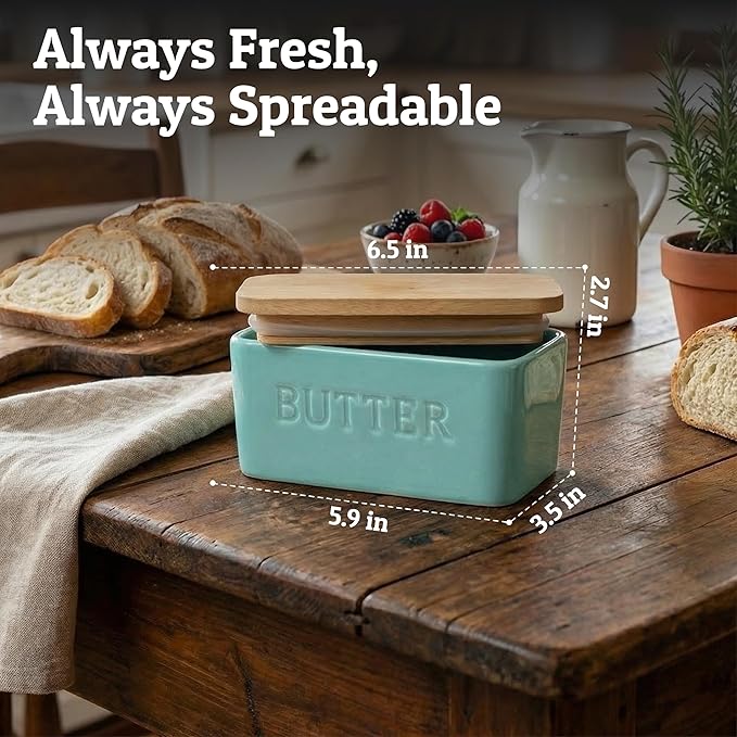 PriorityChef Extra Large Butter Dish with Lid for Countertop, Ceramic Butter Container With Airtight Cover, Butter Keeper for Counter or Fridge, Butter Holder Storage, Cool Green