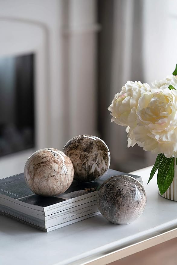 A&B Home Tan Decorative Marble Balls - Flat Base Table Centerpieces Beige Marbleized Ball with Flat Side, Set of 6 Ceramic Spheres, 4 inch