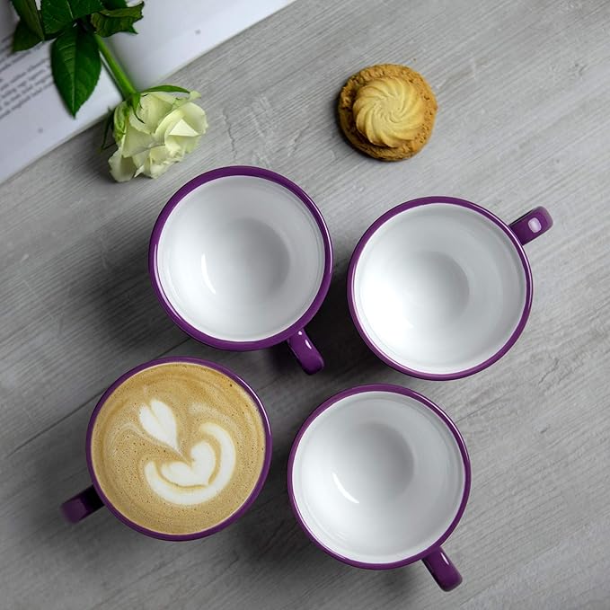 City to Cottage Handmade Purple and White Polka Dot Large Ceramic 12oz/350ml Cappuccino Coffee Tea Cup and Saucer, Unique Designer Pottery for Tea Lovers