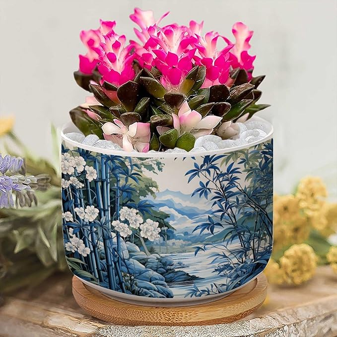 Blue and White Asian Scenery Ceramics Plant Pot Set of 3 Blue Bamboo and Flower Cactus Planter for Indoor with Drainage Holes Asian Scenery Chinoiserie Small Ceramics Pots for Plants
