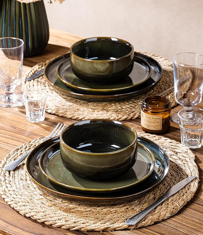 TheTerra Ceramic Dinnerware Sets for 8, 24 Pieces Handmade Reactive Glaze Plates and Bowls Set, Scratch Resistant Dish Set, Oven & Microwave & Dishwasher Safe, Olive Green