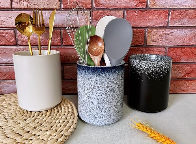 Short Kitchen Utensil Holder for Kitchen Counter, Ceramic Small Utensil Crock & Vase & Holder for Cutlery Spatula Brush Silverware Cooking Utensil Holder (Stone Blue)