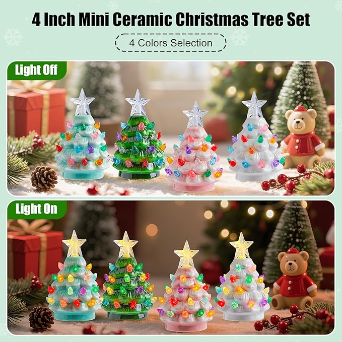 Brightown 4.3 Inch Mini Ceramic Christmas Tree Set - 4 Pack Tabletop Christmas Tree with Multicolored LED Lights, Battery Operated Small Lighted Tree for Home Office Table Holiday Decor, 4 Colors