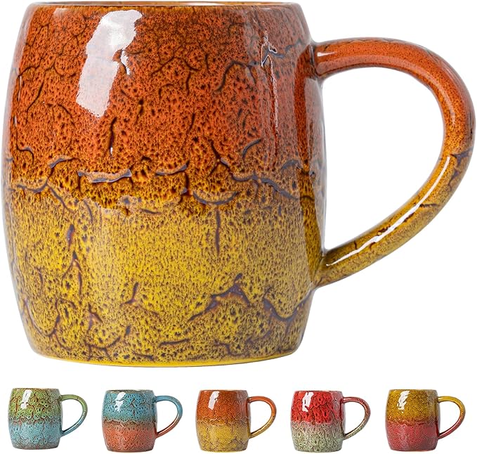 22oz Ergonomic Ceramic Mug with Unique Orange & Yellow Glaze – Microwave & Dishwasher Safe, Ideal Gift for Coffee Lovers, Unique Ceramic Coffee Cup for Yourself or Friends