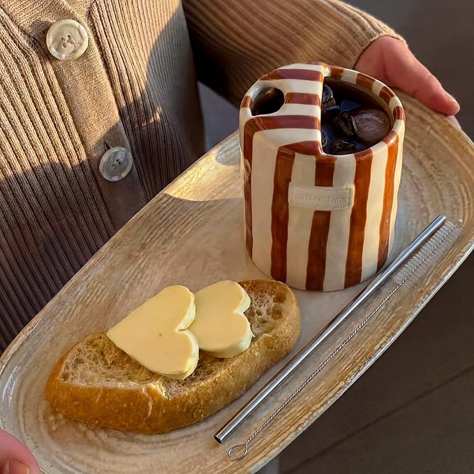1 Pack Ceramic Coffee Mug with Sip Hole Espresso Cup 10oz with Straws Retro Hand Painted Striped Porcelain Coffee Tea Cup Cappuccino Latte Mug for Kitchen Dining Travel (Brown)