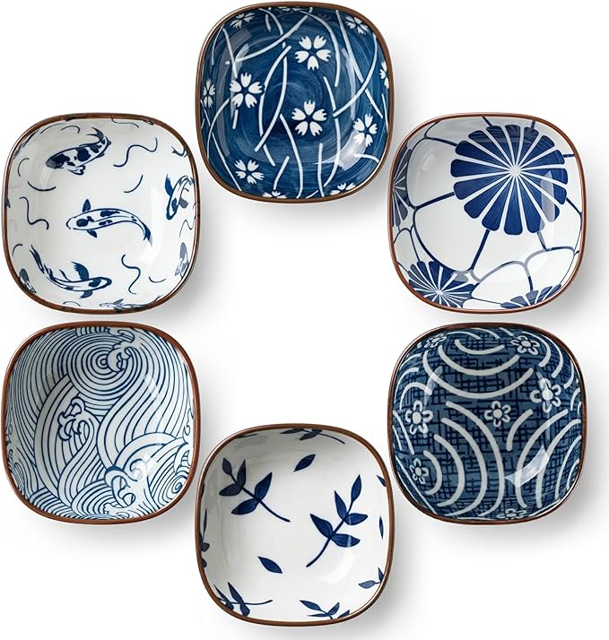 clothmile 6 Pcs Blue and White Sauce Dishes 3.6"×3.6"×1.6" Traditional Chinese Ceramic Side Bowl for Sushi Sauce Snack Pinch Home Kitchen Decor Housewarming Gift