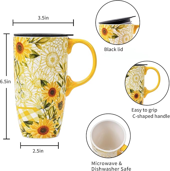 DUSVALLY Ceramic Tall Coffee Mug, Friends Coffee Cup Gift Set, Travel Mug with Lid for Office and Home, Porcelain Mug Unique Gifts for Women and Man, Color Box, 17 oz, Yellow Sunflower