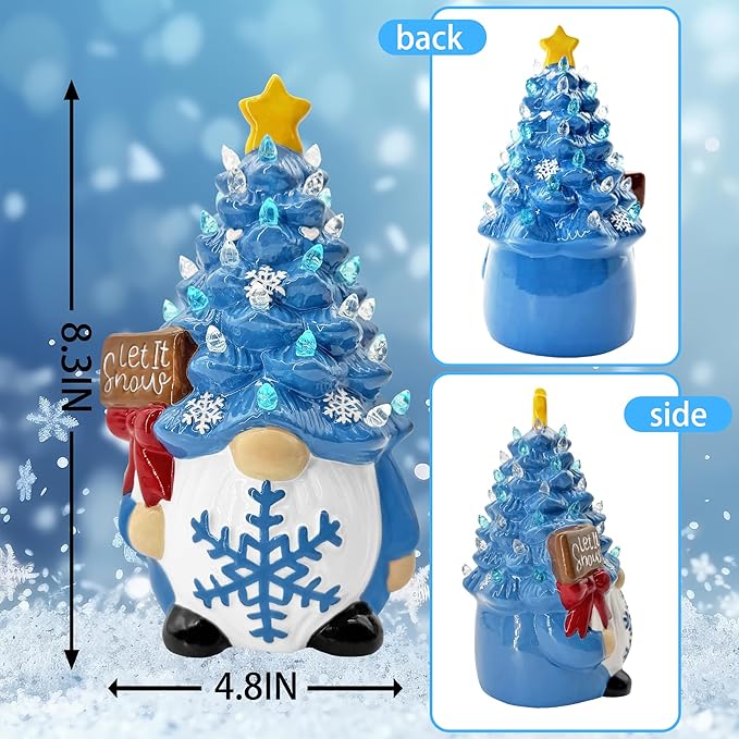 Winter Gnomes Ceramic Tree Decor, Blue Winter Decorations for Home Ceramic Tree with Light Up, Christmas Blue Gnome Lighted Figurines for Table Centerpieces Home Decor Indoor Outdoor Party