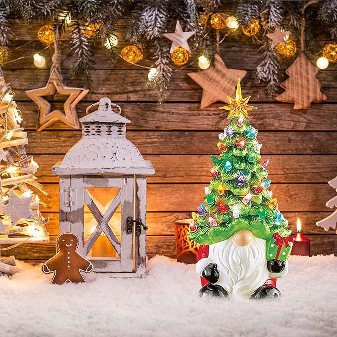 Lighted Ceramic Gnome Christmas Tree, 8 Inch Glowing Tabletop Decor for Home Holiday Christmas Decorations
