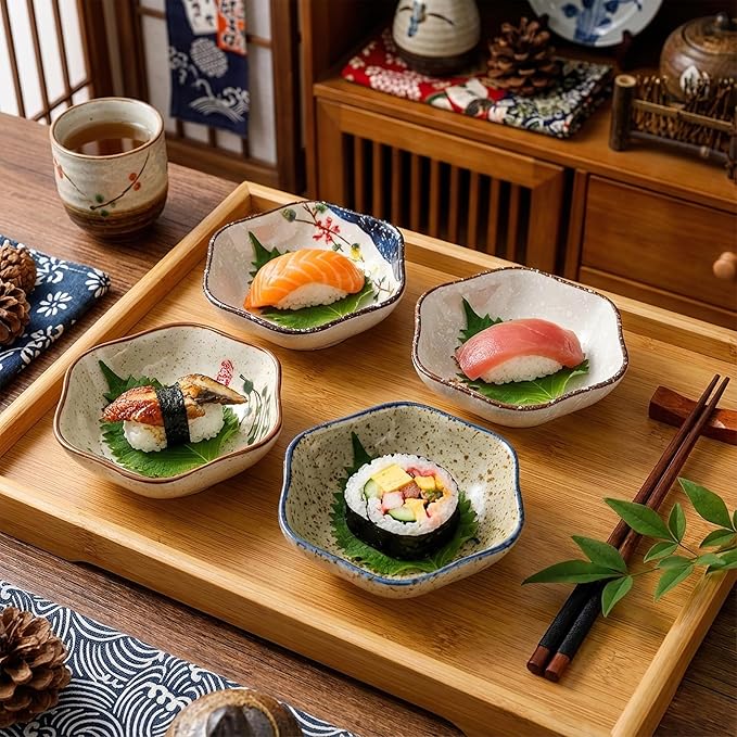 12 Pieces Japanese Sauce Dishes, 4 Oz Ceramic Side Dish Set, Small Flower-shaped Seasoning Soy Dipping Bowl Plate for Sushi, Snack, Appetizer, Kitchen Prep, 6 Patterns
