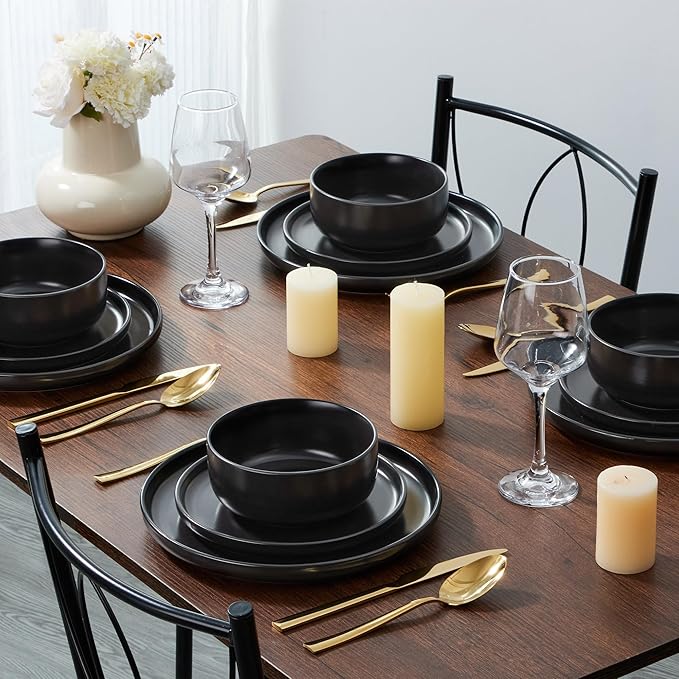 E-far 8” Ceramic Salad Plates Set of 6, Stoneware Dishes Dessert Plate for Home Kitchen Restaurant, Microwave & Dishwasher Safe – Matte Black