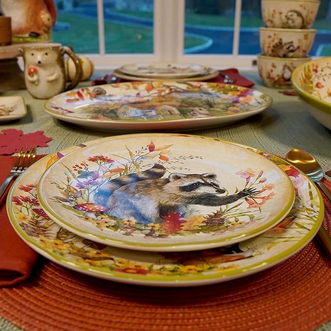 Woodland Critters 11" Ceramic Dinner Plates Set of 4 Whimsical Forest Animal and Cottage Scene – Nature-Inspired Tableware for Fall, Kids Parties, Holiday Meals, Gifting, and Rustic Décor (Pack of 3)