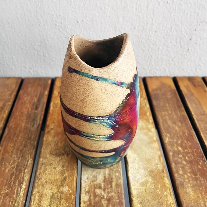 Koi 6.3 inch Handmade Ceramic Raku Vase - Modern Boho Rainbow Wall Art Handmade Home Decor Unique Minimalist - Half Copper Matte