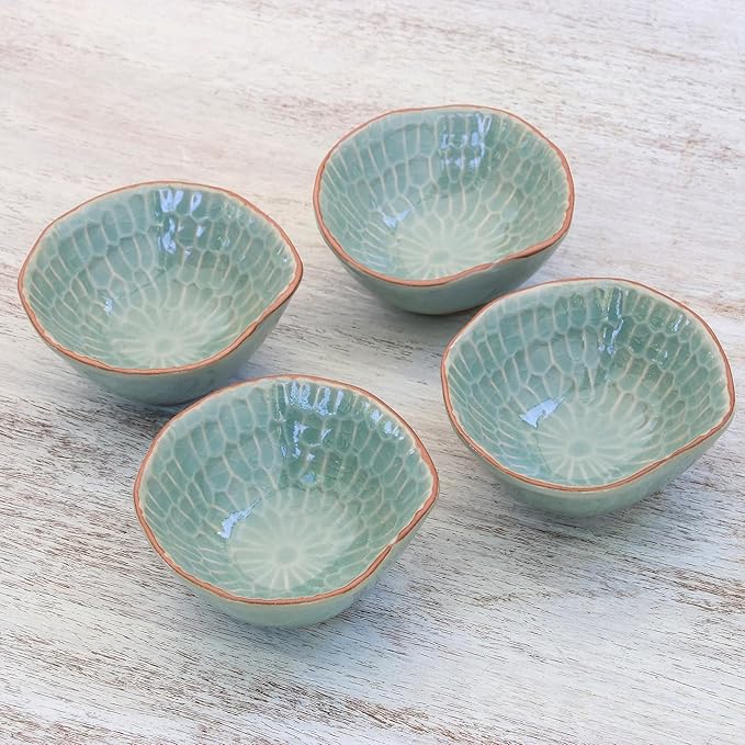 NOVICA Artisan Handmade Celadon Ceramic Appetizer Bowls from Thailand Set of 4 Green Tableware Serveware Dishes East Meets West [ 1.8in H x 3.9in W x 3.9in D 3 Oz.] ' Sunflower Dream' Set of 4