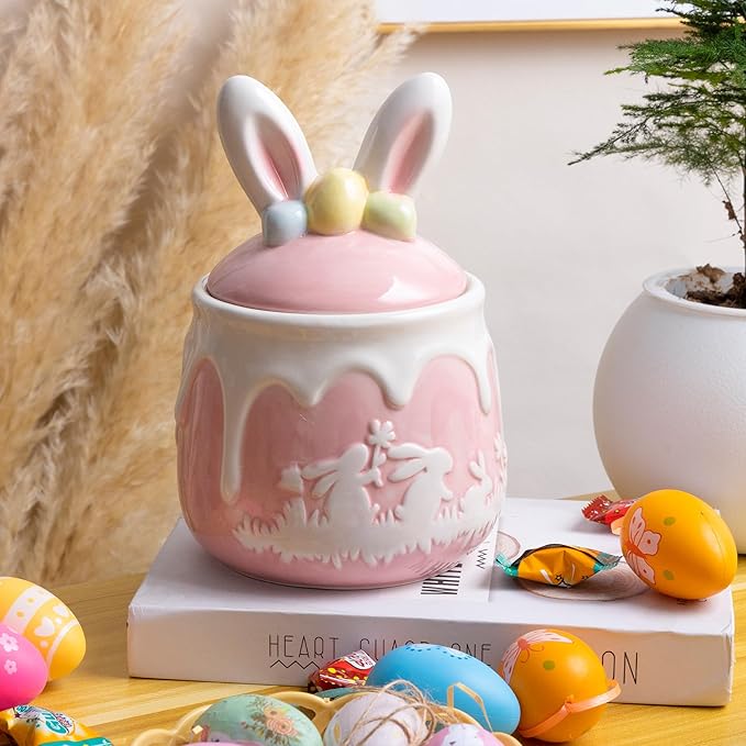 Bunny Cookie Jar, Easter Candy Jar with Lid, Embossment Bunny Decorative Ceramic Storage Container Jar, Pink and White Easter Bunny Decorations for Home Kitchen Indoor Best Easter Gift