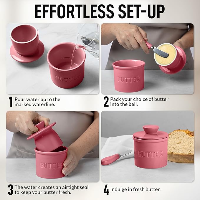 Zulay Kitchen Bell Shaped Butter Crock with Lid for Countertop with Water Line & Spreader Knife, Ceramic French Butter Dish Keeper For Fresh, Soft & Spreadable Butter - Dragonfruit