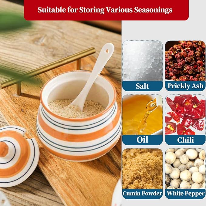 Kitchen Ceramic Condiment Jars with Lids and Spoons, 3 Piece Porcelain Seasoning Jar Set for Salt Spice Pepper Suger Bowl, Coffee Tea Container Pot with Serving Tray - Orange Round