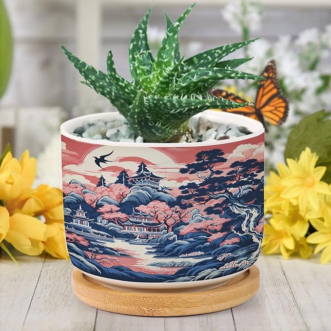 Pink Blue Chinoiserie Ceramic Planter Coral Chinoiserie Chic Asian Planters for Indoor Plants with Drainage Holes and Saucers Pot for Home Office Decoration