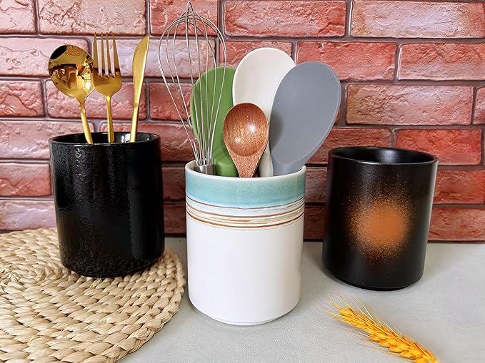 Short Kitchen Utensil Holder for Kitchen Counter, Ceramic Small Utensil Crock & Vase & Holder for Cutlery Spatula Brush Silverware Cooking Utensil Holder (Green Field)