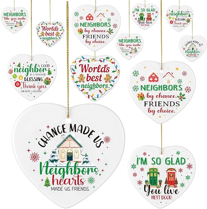 12 Set Neighbor Gifts Ceramic Christmas Best Neighbor Ornament Gift with Rope Xmas Tree Decorations Heart-Shaped Hanging Housewarming Gift for Neighbors Appreciation
