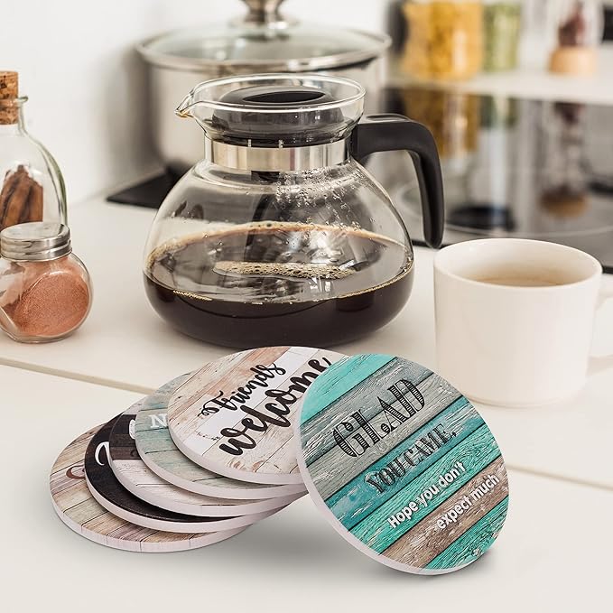 Funny Coasters - House Warming Gifts New Home - Housewarming Gifts for Women, Men, Couple, New Homeowner - Farmhouse Bar Coasters for Drinks with Holder - First Apartment Essentials