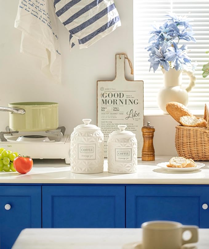 Large Azure Starfield Ceramic Canisters Sets For The Kitchen For Countertop Set of 3 Airtight Canisters For Ground Coffee Sugar Storage Jars With Lids Containers for household or kitchen use