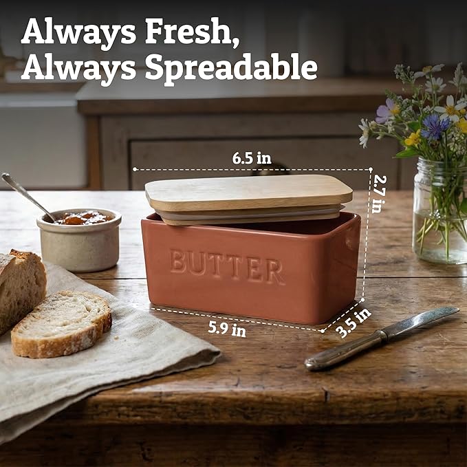 PriorityChef Extra Large Butter Dish with Lid for Countertop, Ceramic Butter Container With Airtight Cover, Butter Keeper for Counter or Fridge, Butter Holder Storage, Rust