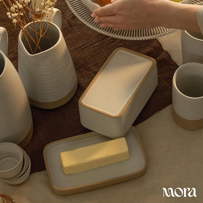 Mora Ceramic Two-in-One Butter Dish with Lid, Covered Butter Crock Container to Leave on Countertop - Large Storage Keeper/Holder for Kitchen, Gifts for Her, Butter Tray For Counter - Oat