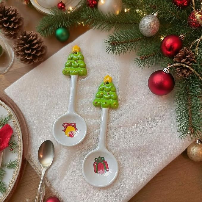2Pcs Christmas Spoons Ceramic Spoons with Creative Xmas Tree Theme for Dessert Cake Coffee Tea Drinking Stirring Mixing Spoons Xmas Holiday Tableware Party Supplies