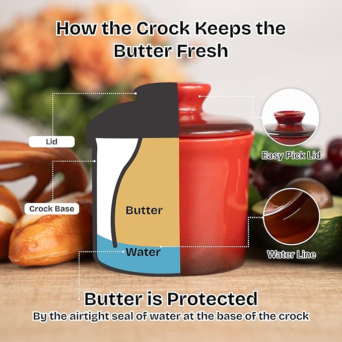Stoneware Butter Crock with Lid, Ceramic Butter Dish with Water Line, Countertop Butter Keeper, Butter Holder for Countertop, Red Gradient