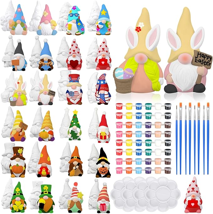 Sinmoe 24 Pcs Holiday Seasonal Paint Your Own Ceramics Gnomes Valentines Decor Paintable Figurines Ceramics to Draw for Adults Paintable Blank Gnomes Statues Plaster Figurines with Brush Palette Paint