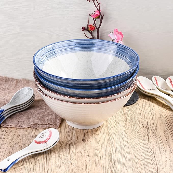 Large Japanese Ceramic Noodle Bowls 8.3 Inch Asian Ramen Bowl Set of 2 for Soup Pho Instant Noodles (bs)