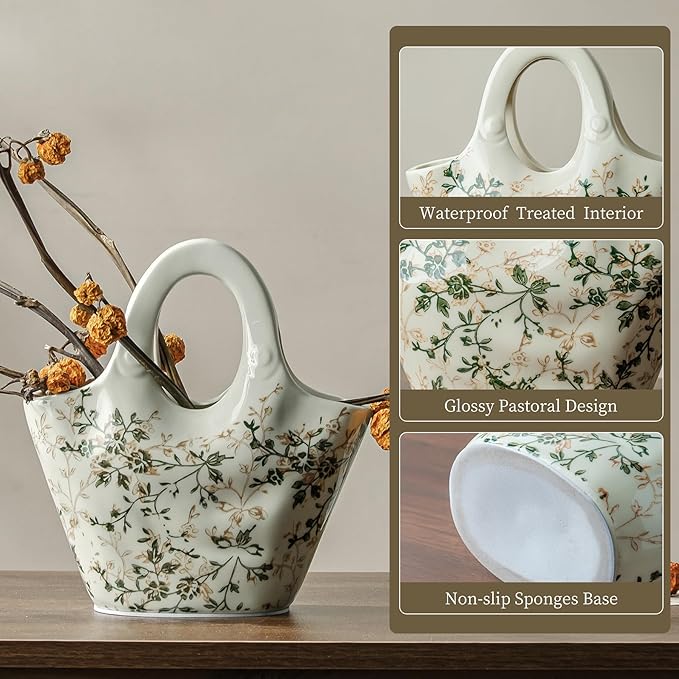 Ceramic Purse Vase for Flowers, Cute Handbag Vases, Vintage Green and Beige Floral Vase, Rustic Farmhouse Vases for Living Room, Kitchen, Bedroom, Table Centerpiece, Chinoiserie and Tuscan Decor 9 in