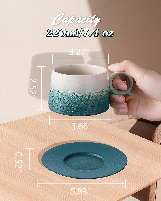 ZENS 7.3 Ounce Cappuccino Mug Set of 2, Artistic Embossed Cappuccino Cups Set with Saucers, Ceramic Coffee Cups for Double Espresso, Au Lait, Latte or Tea, Coffee Lovers Gifts, Dark Green