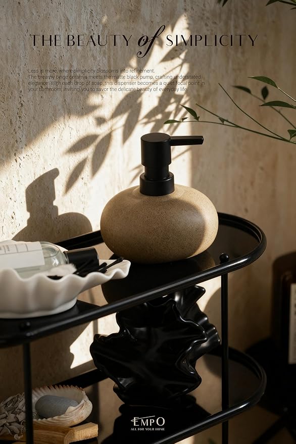 EMPO Stone-Textured Vintage Ceramic Dispenser, High-Color Rough Modern Zen Black ABS Press Bottle for Hand Soap, Shampoo, Conditioner for Bathroom and Kitchen (300ml/10.14oz)