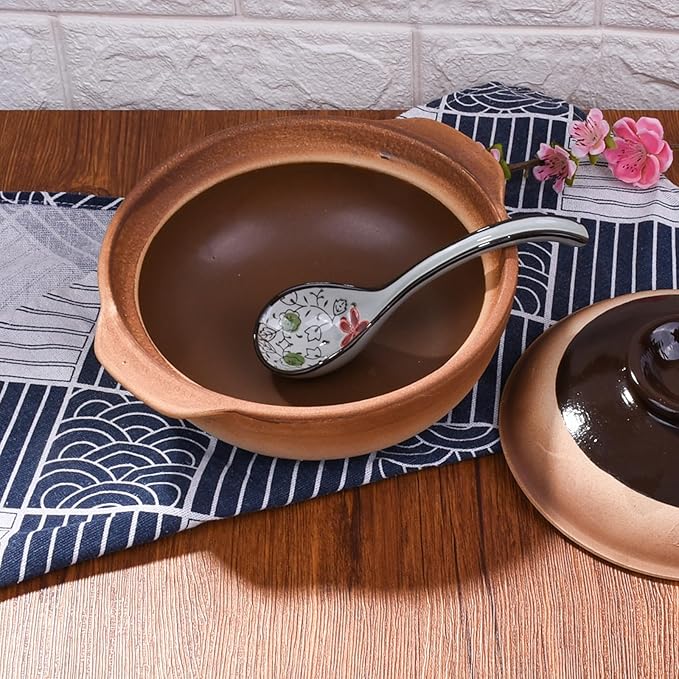 Casserole with Lid - Chinese, Japanese, Korean Stoneware Clay Pot - Ceramic Earthenware Stewpot for Family Restaurants