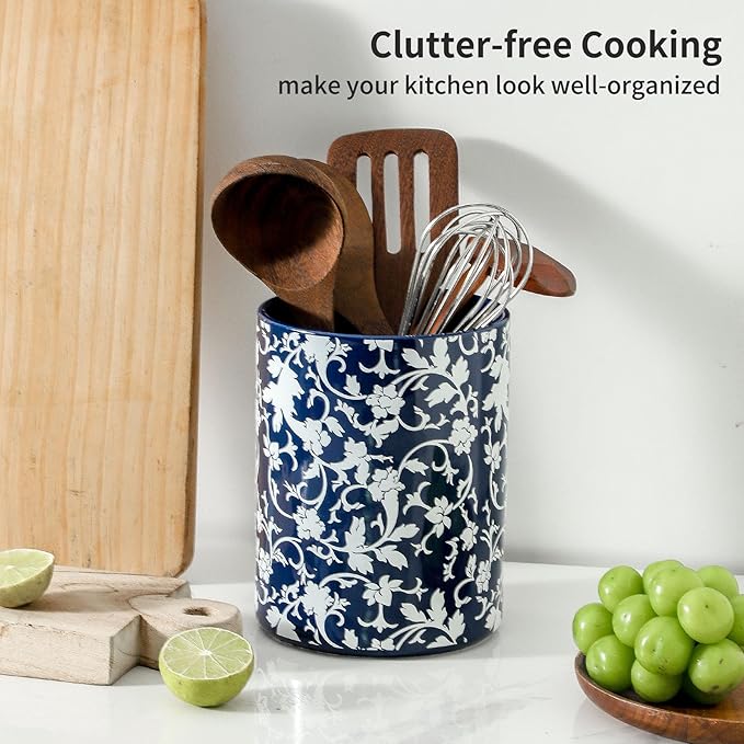Kitchen Utensil Holder, Large Utensil Holders for Countertop, Blue and White utensil Crock for Tools, Ceramic Spatula Holder Kitchen Decor, Apartment Essentials（7.2in×6.2in）